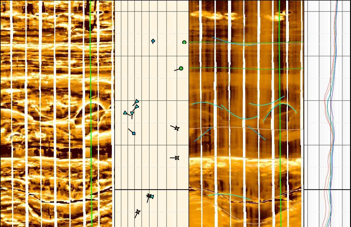 日志图像显示非常详细, 在油基泥浆环境中，使用Quanta Geo服务收集了类似岩心的微电阻率图像.