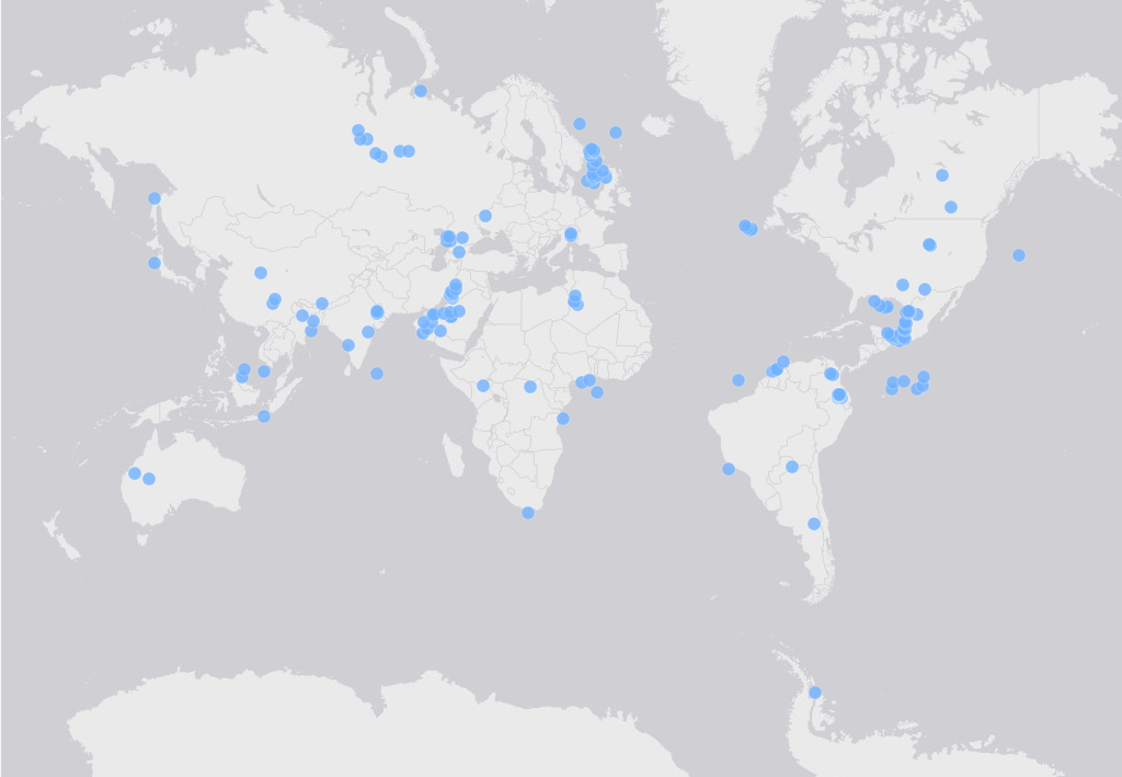 全球地图，位置用蓝点标出
