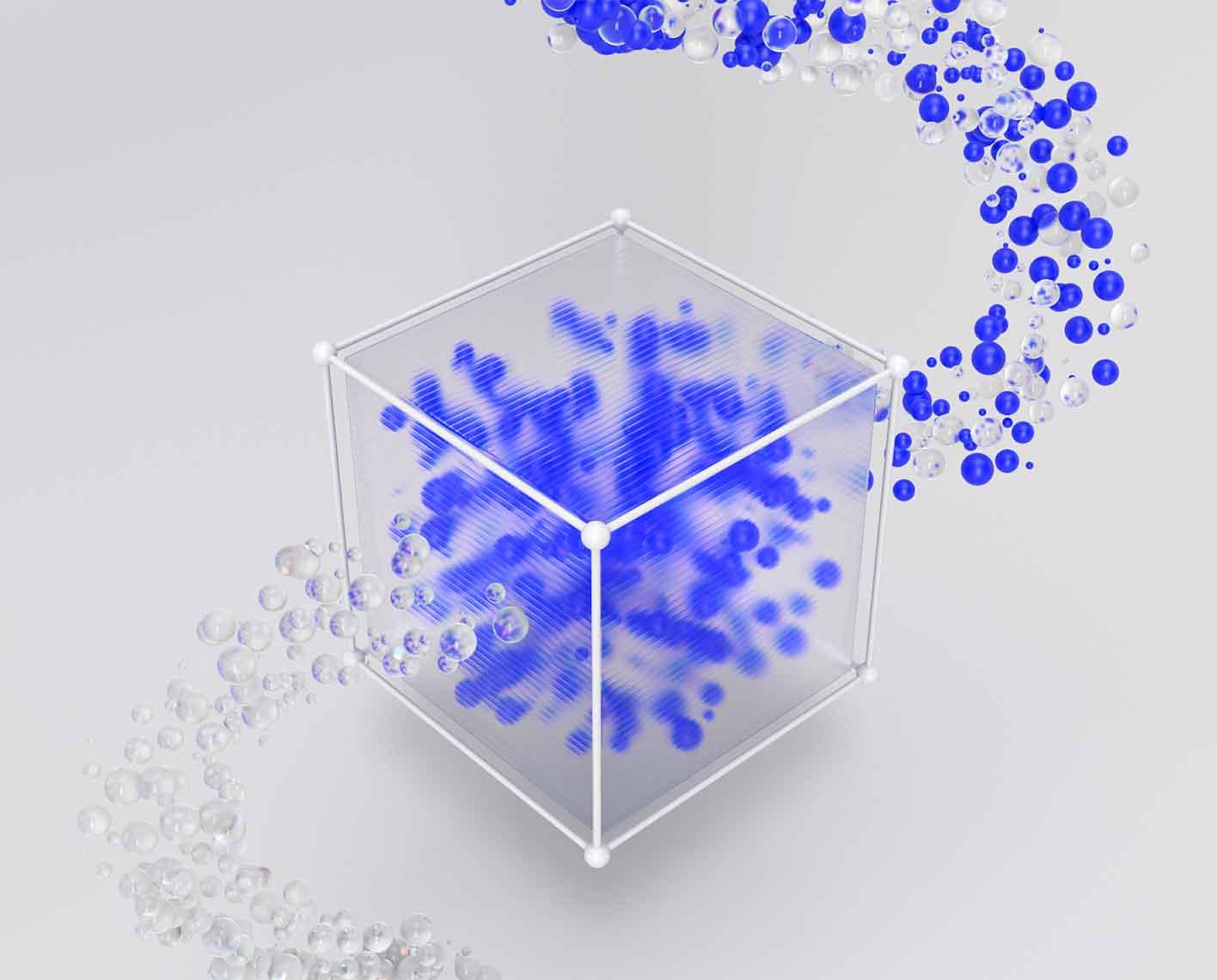 Blue and clear balls entering a translucent cube, blue ones are retained and clear ones flow out.