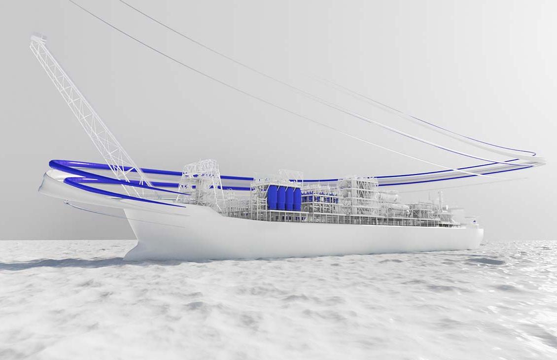 浮式生产储油船(FPSO)的水上艺术，船的顶部环绕着一条蓝白相间的丝带.