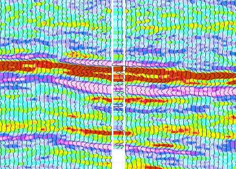 Data shows result of inverting a seismic panel into relative acoustic impedance. Note the excellent tie with the well.