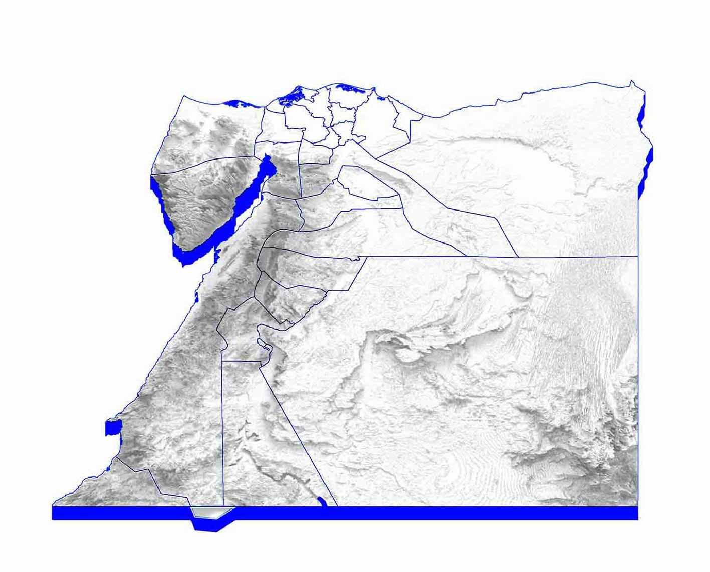 Topographic drawing of Egypt in white and blue.