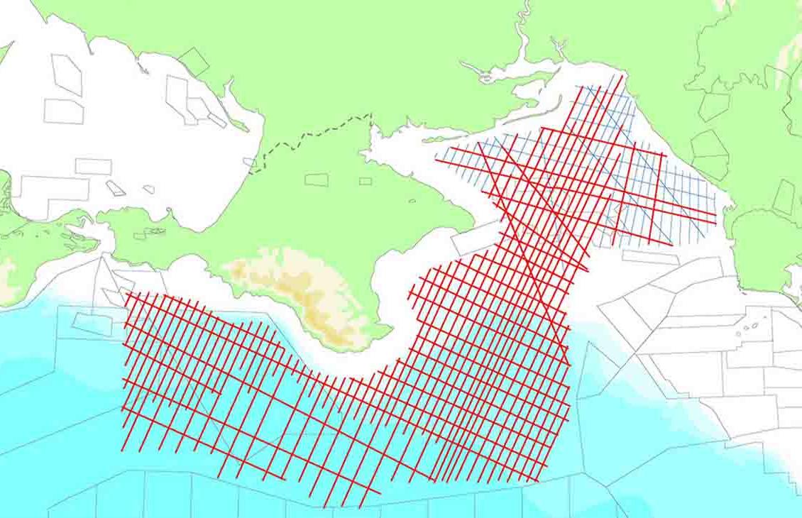 地图显示乌克兰近海调查与重新处理的数据显示为红色.