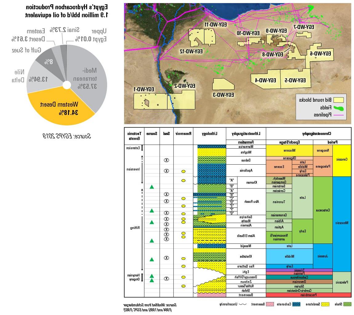 Western Desert stratigraphic column, available bid round blocks, and percentage of Egypt’s total oil production.