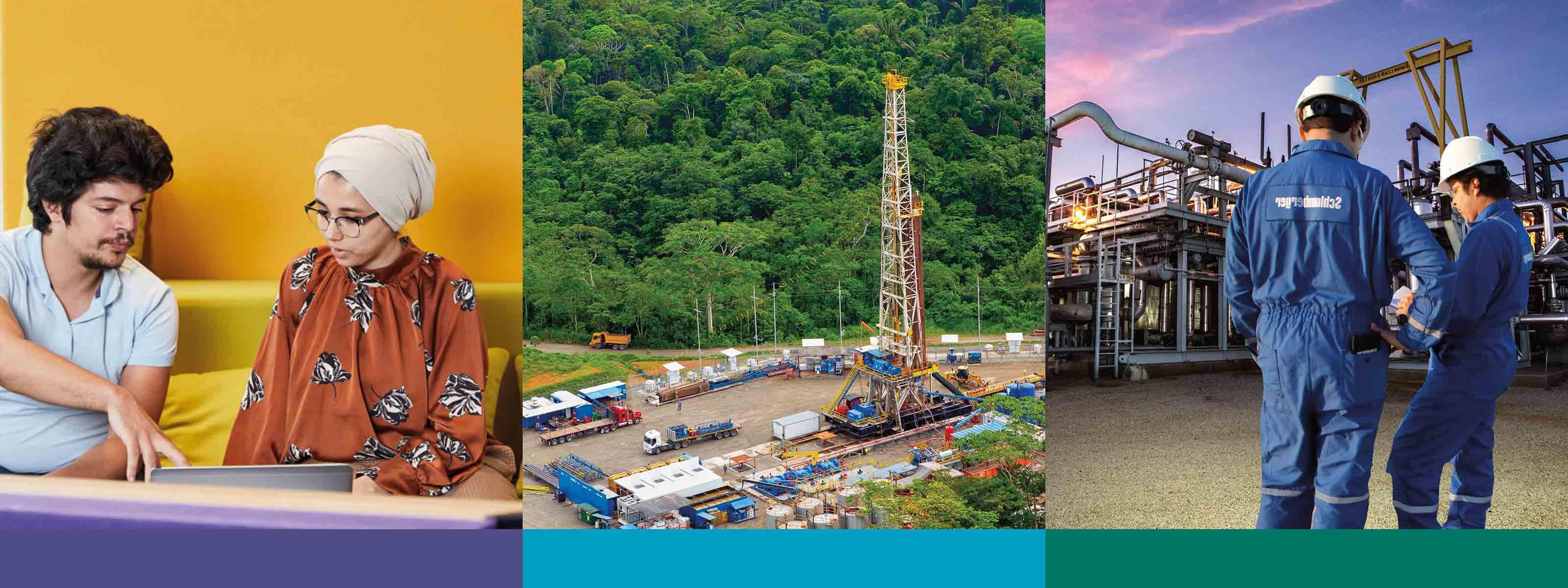Schlumberger 2021 Sustainability Report cover shows upstream plant, a land rig, and employees.