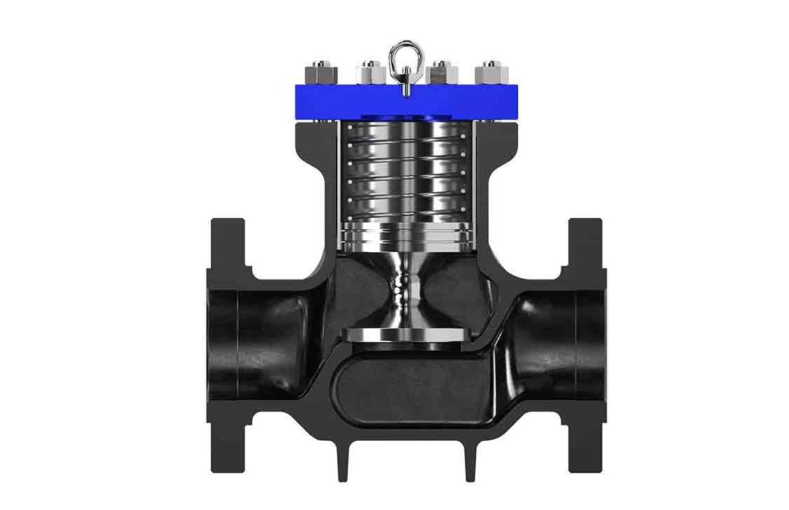 Cutout view of piston-style Tom Wheatley check valve, showing internals.